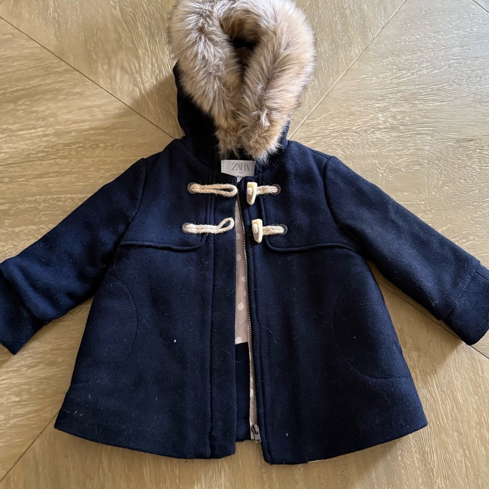 Zara Black Kids Pea Coat with Faux Fur Trim